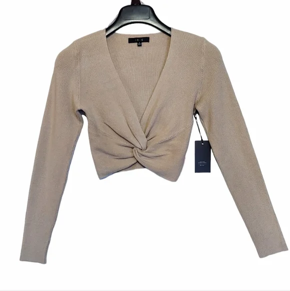 Crop Sweater Womens Small Taupe Knot Front Cropped V Neck Long Sleeve New - Picture 11 of 12